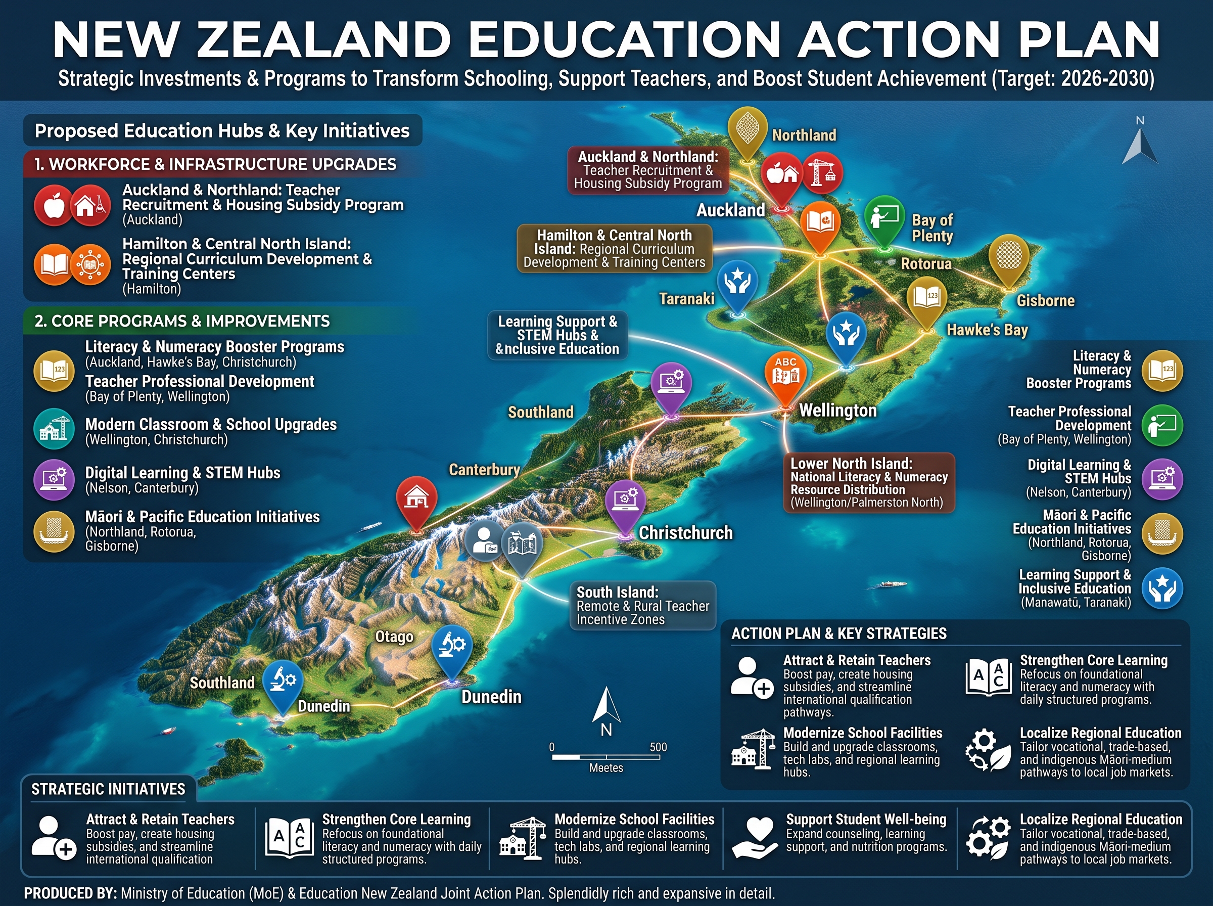Supplied illustrative map proposing education initiatives and hubs across New Zealand