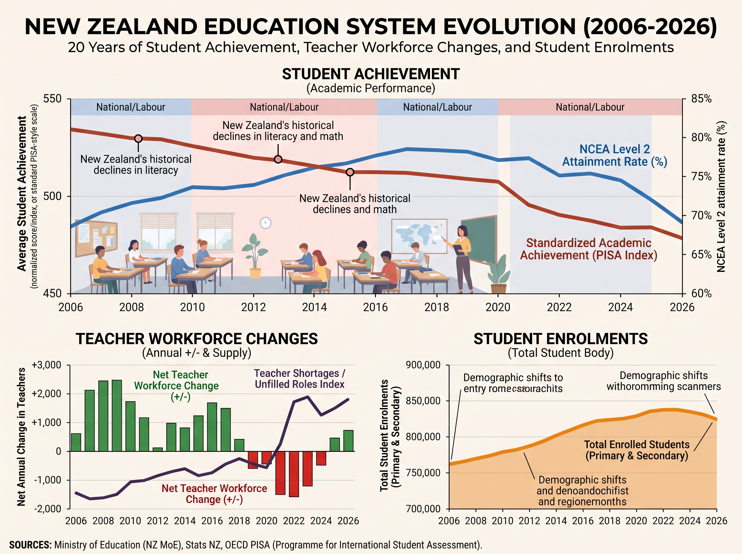 Supplied illustration of New Zealand student achievement, teacher workforce changes and enrolments
