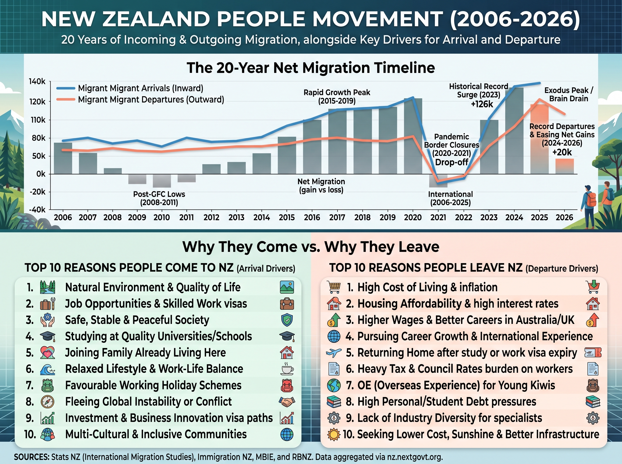 Supplied infographic showing an illustrative New Zealand net migration timeline from 2006 to 2026 and ten suggested reasons for arrivals and departures